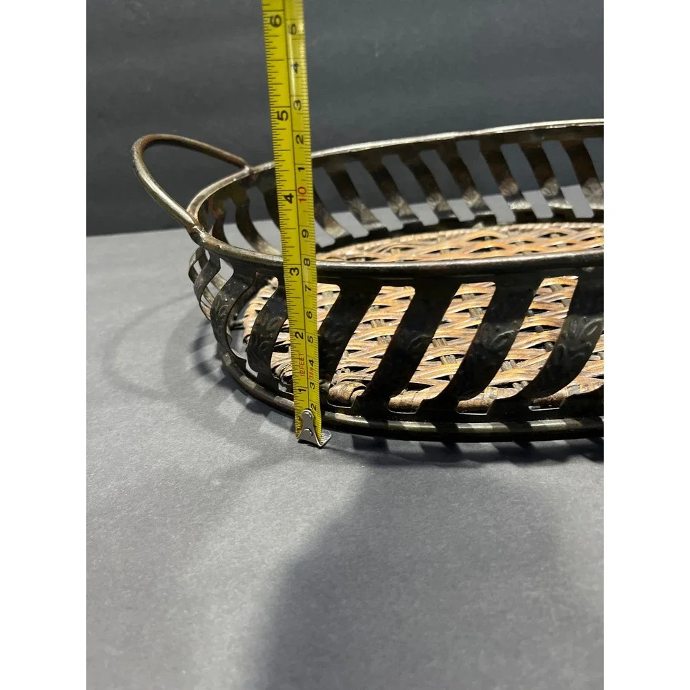 Vintage Woven Wicker and Metal Oval Serving Tray with Handles Rustic Home Decor